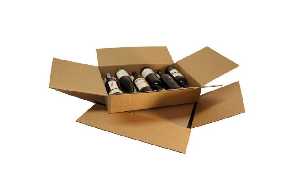 Wine box filled with wine bottles